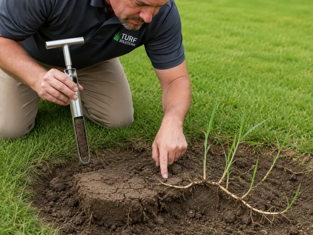 Expert analyzing soil compaction and quackgrass rhizomes in a residential lawn