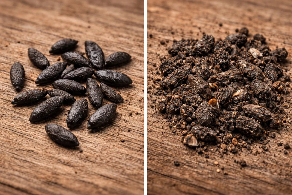 Visual comparison of mouse vs bat droppings highlighting the shiny insect parts in bat guano.