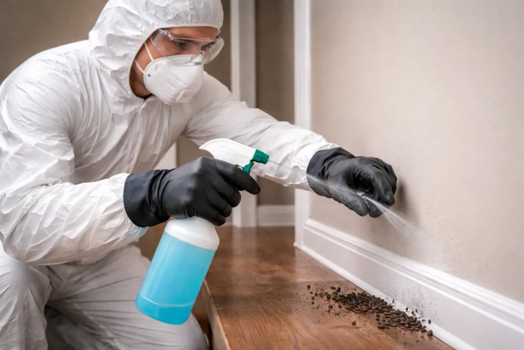 Pest control expert wearing safety gear while cleaning up hazardous mouse and bat droppings.