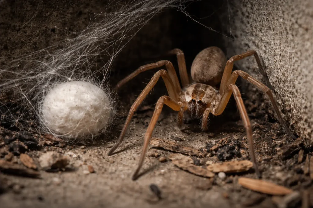 Brown recluse spider hiding in a corner indicating the need to know how to get rid of spiders permanently