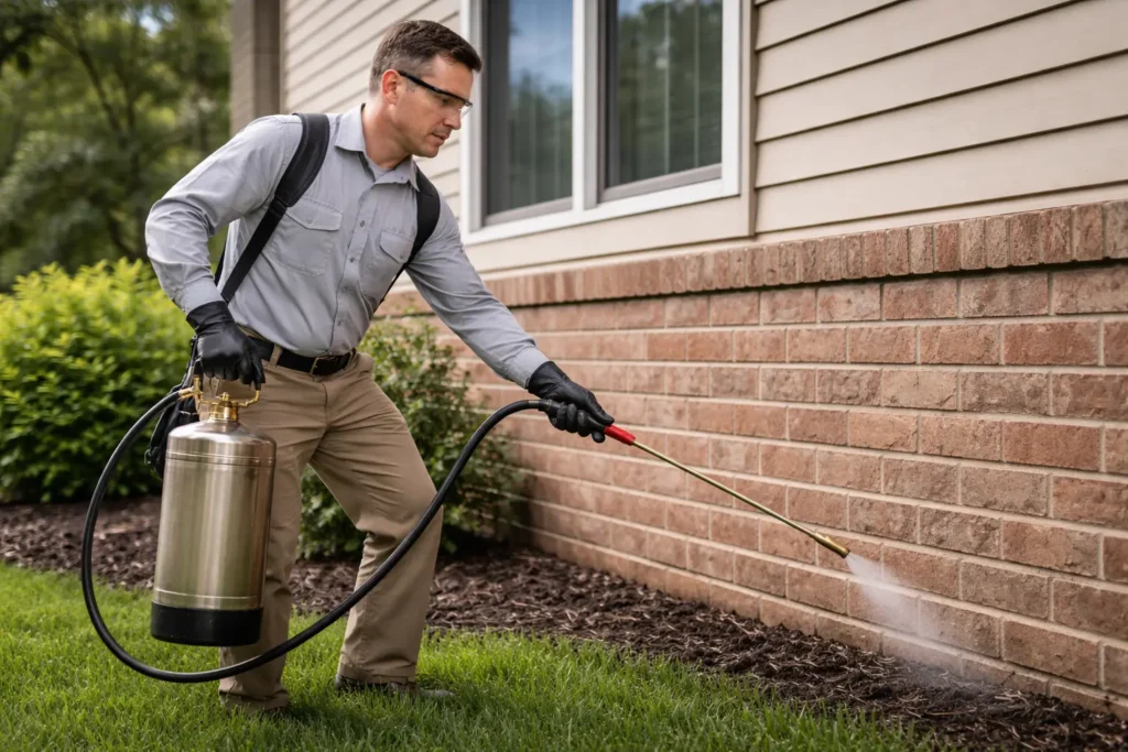 Applying a professional chemical barrier to get rid of spiders permanently