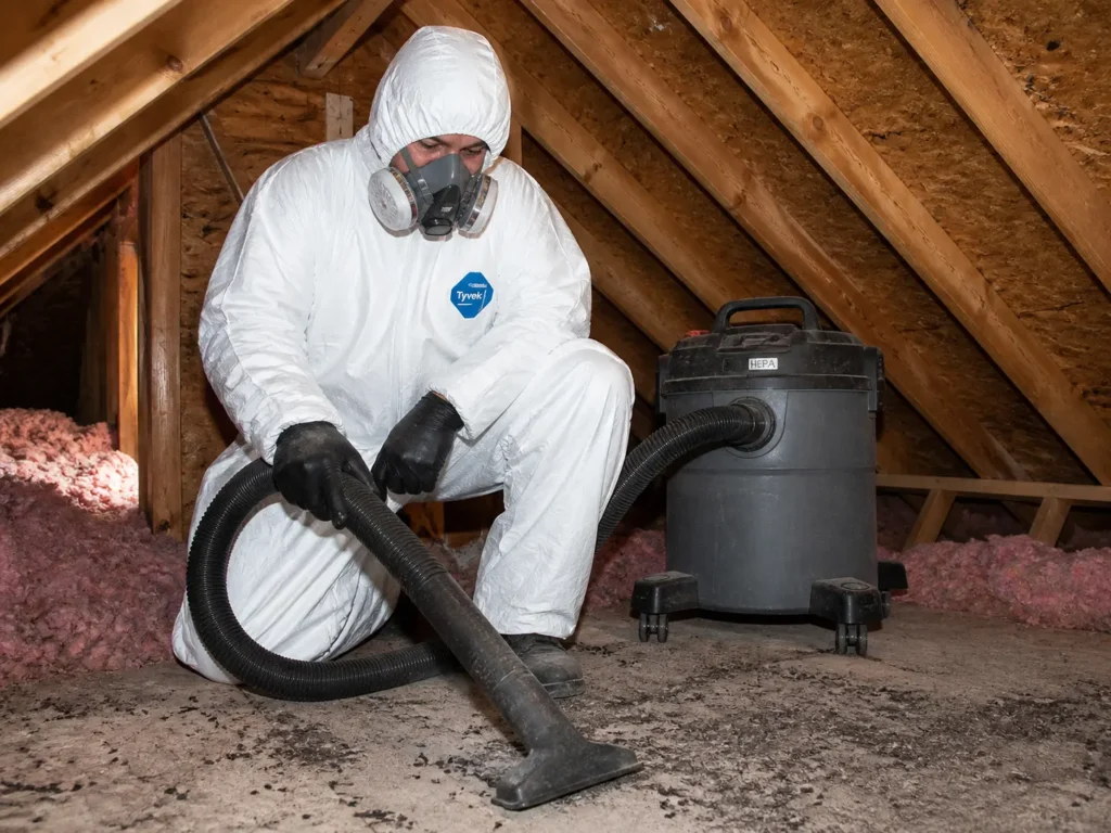 Professional safely removing bat guano in attic with a HEPA vacuum and safety gear