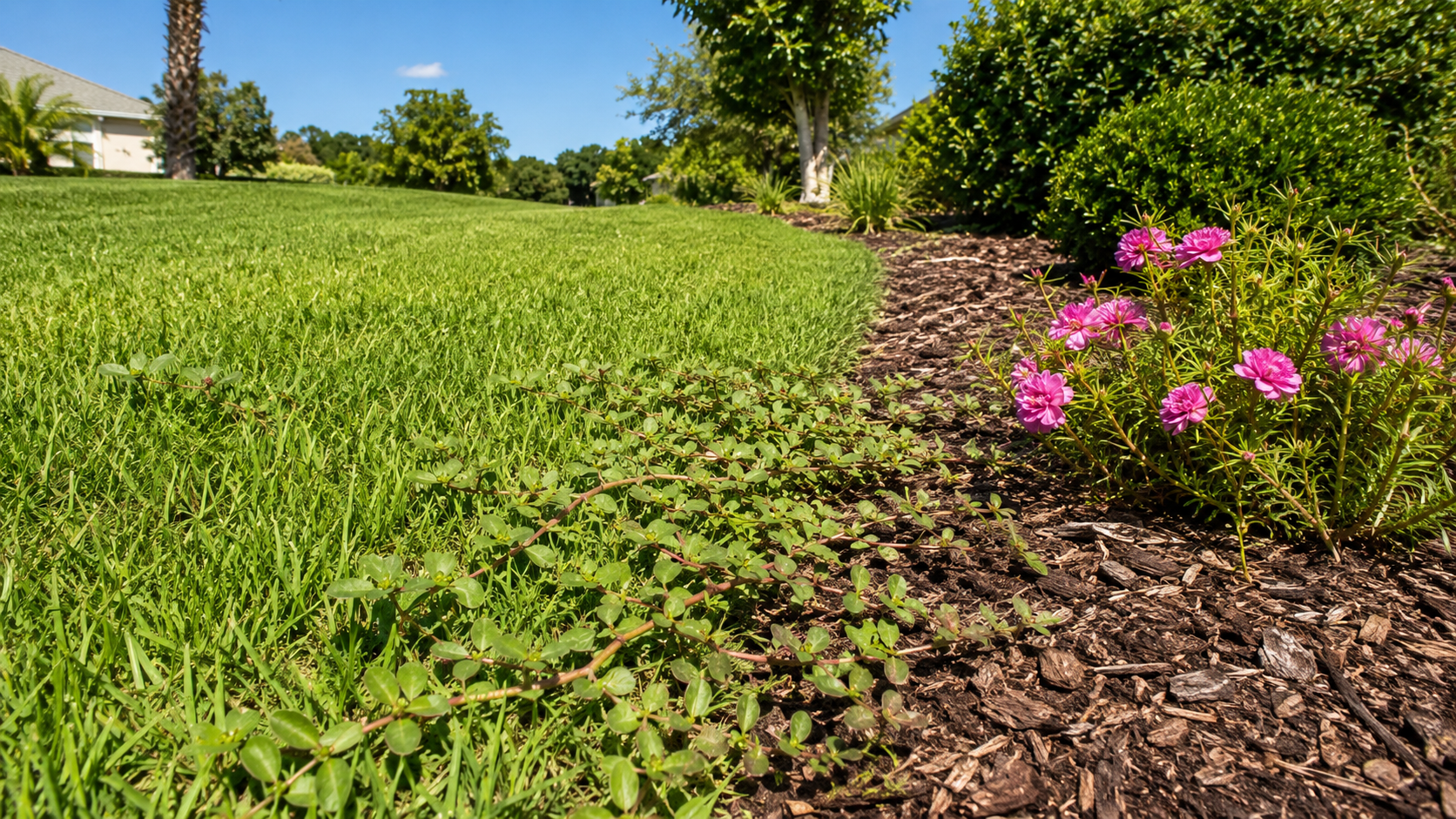 Purslane weed spreading near a flowering portulaca plant in yard.
