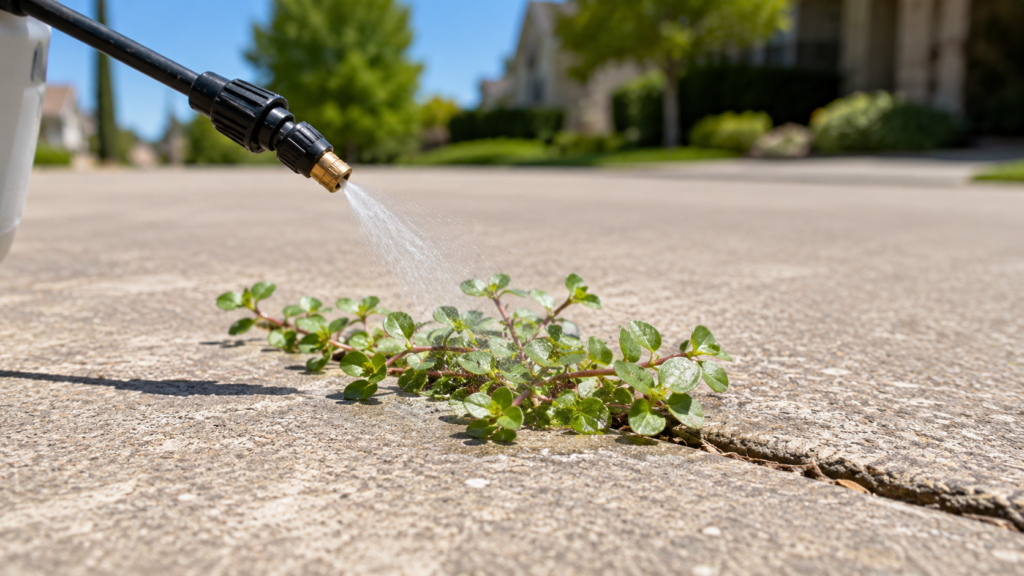 Spraying liquid weed killer on purslane weed in concrete crack.