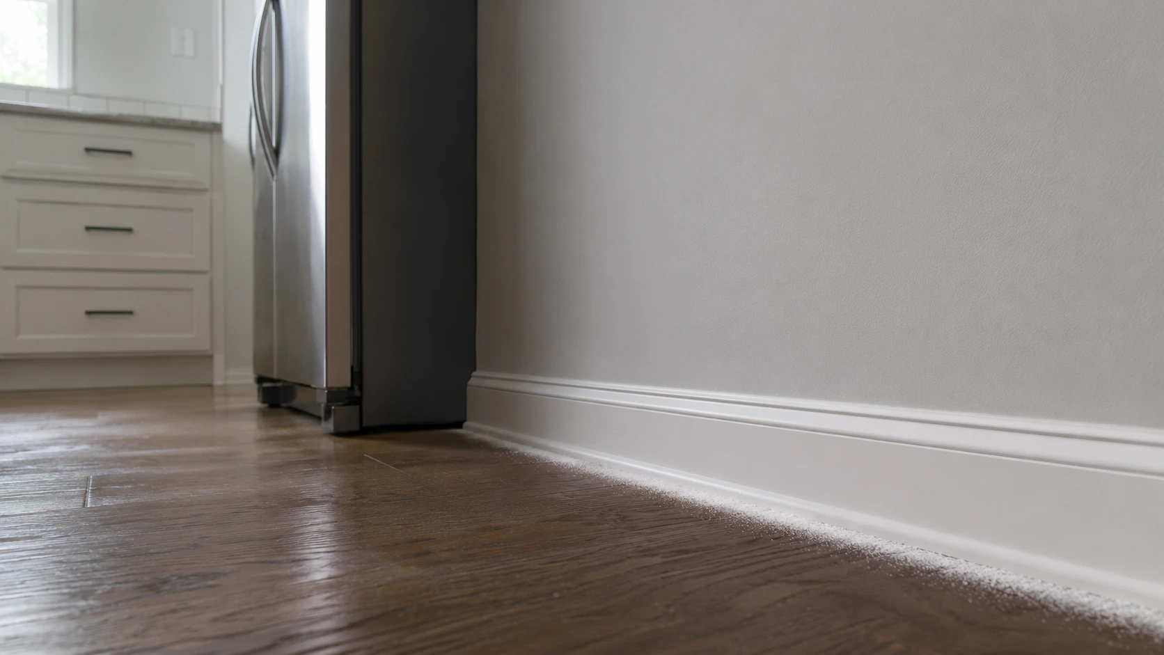 Diatomaceous earth or boric acid for roaches applied to kitchen baseboard.