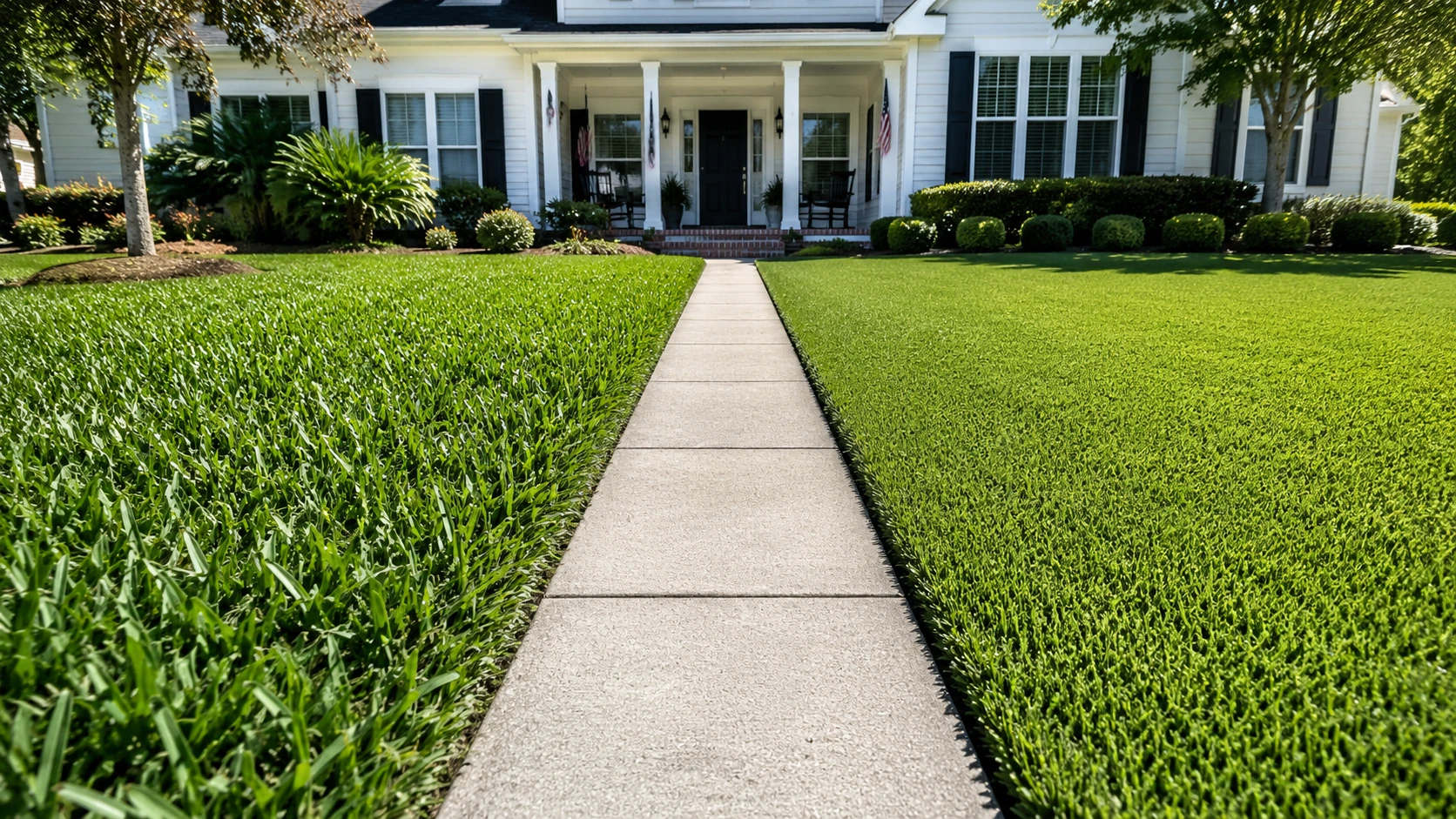 Comparison of thick St. Augustine grass versus fine textured Zoysia grass in yard.