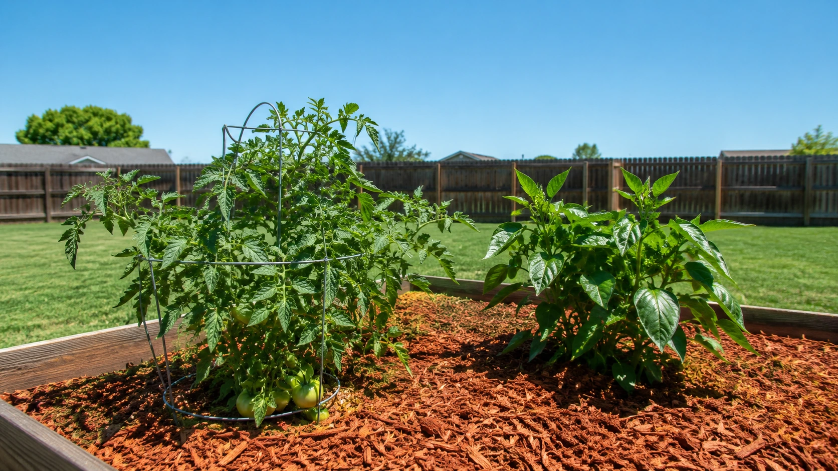 Reddish brown cedar mulch around green vegetable plants in raised bed.