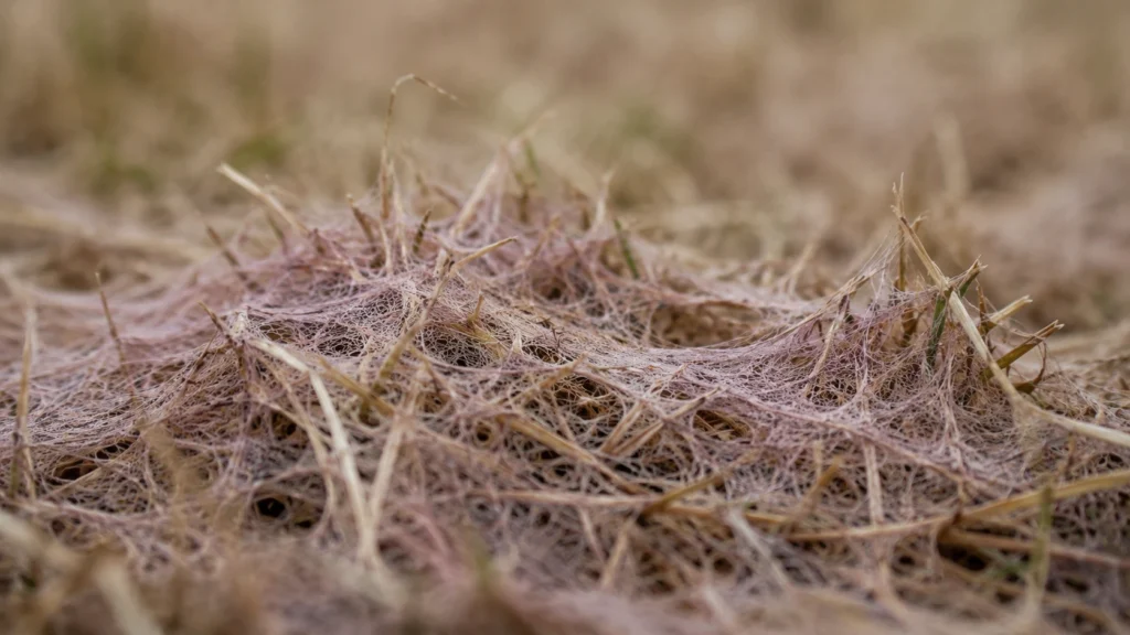 Close up of pink snow mold mycelium webbing on matted grass blades.