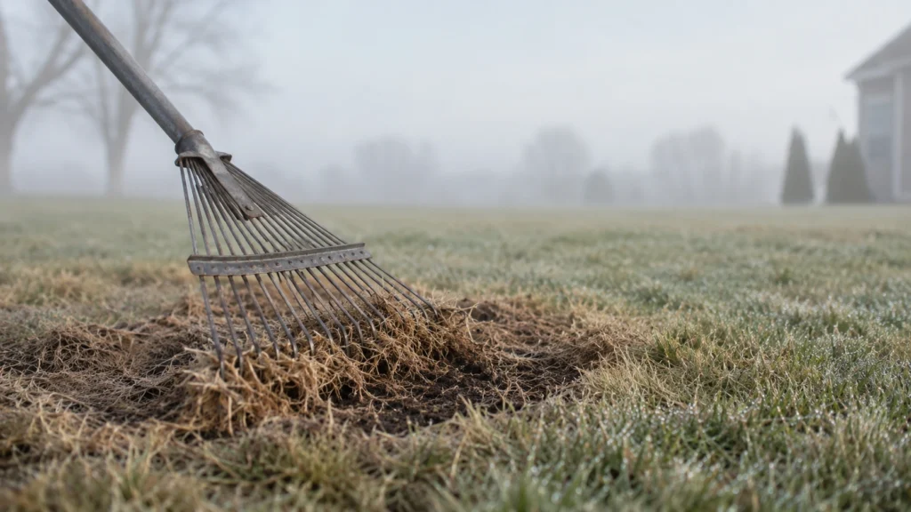 Metal rake breaking up matted grass patches to treat snow mold.