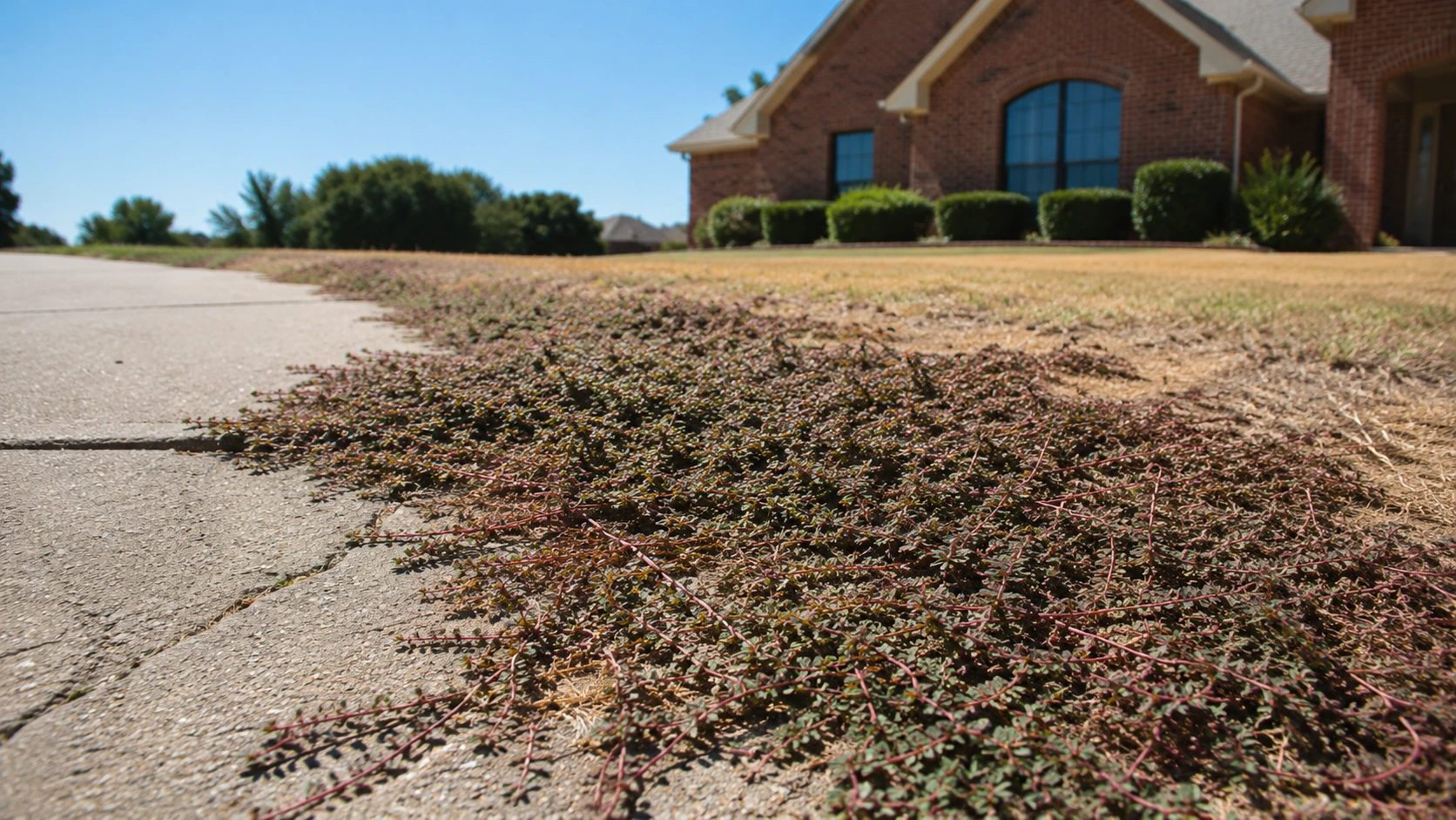 Dense spurge and purslane weeds growing along a suburban driveway.