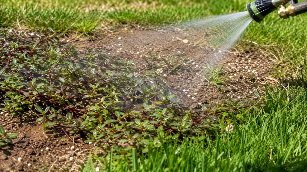 Liquid post-emergent herbicide mist settling on purslane weed leaves.
