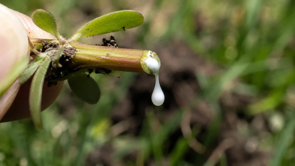 Milky white sap dripping from a broken spotted spurge weed stem.