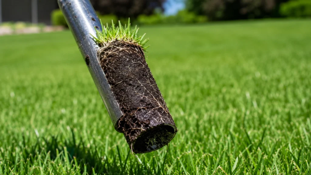 checking lawn soil moisture core to prevent fungal yard diseases