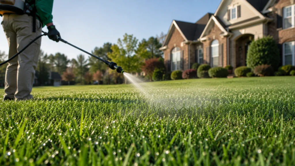 spraying liquid lawn fungicide to treat brown patch turf disease