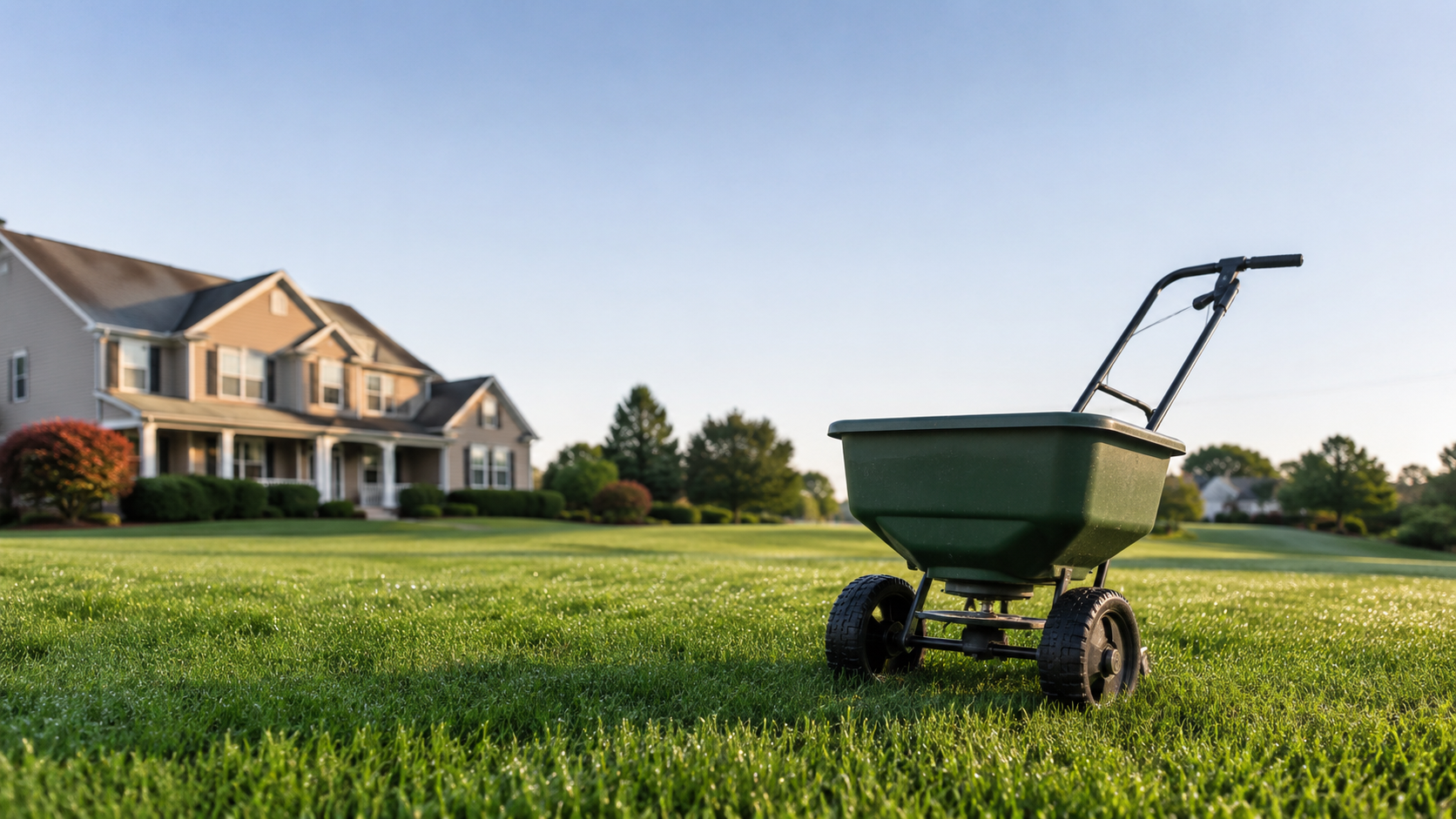 Broadcast spreader on a green lawn for pre emergence herbicide application