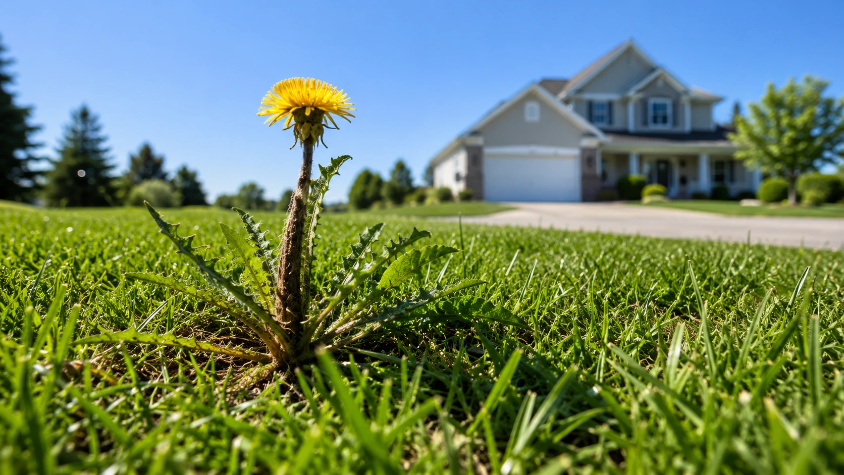 Yellow weed flower in a green suburban lawn on a sunny day.