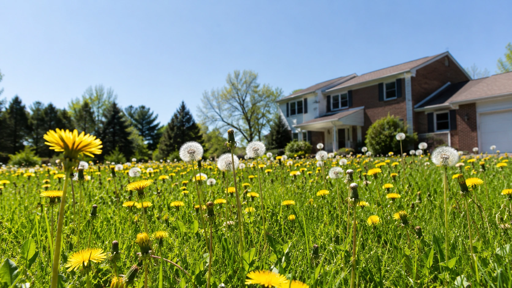 Yellow dandelion and hawksbeard weeds growing in a green suburban lawn.