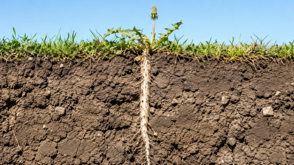Weed taproot growing deep into compacted soil in a lawn.