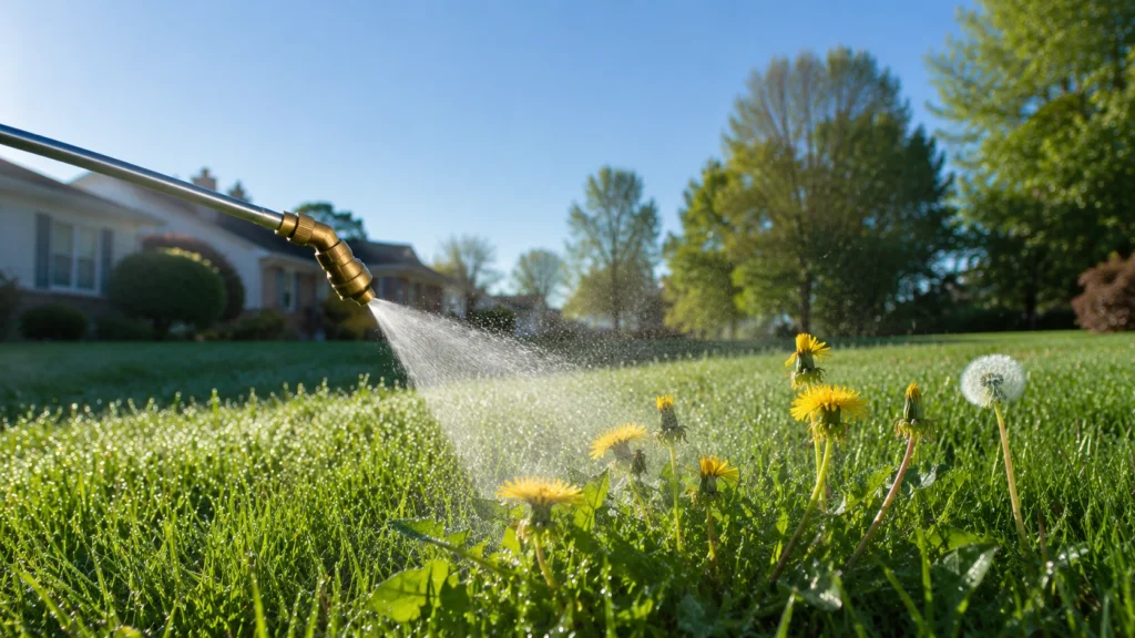 Applying liquid broadleaf herbicide to dandelion weeds in a yard.