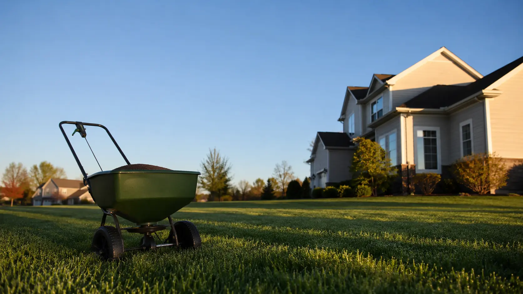 Broadcast spreader on lush green lawn for milorganite vs ironite application