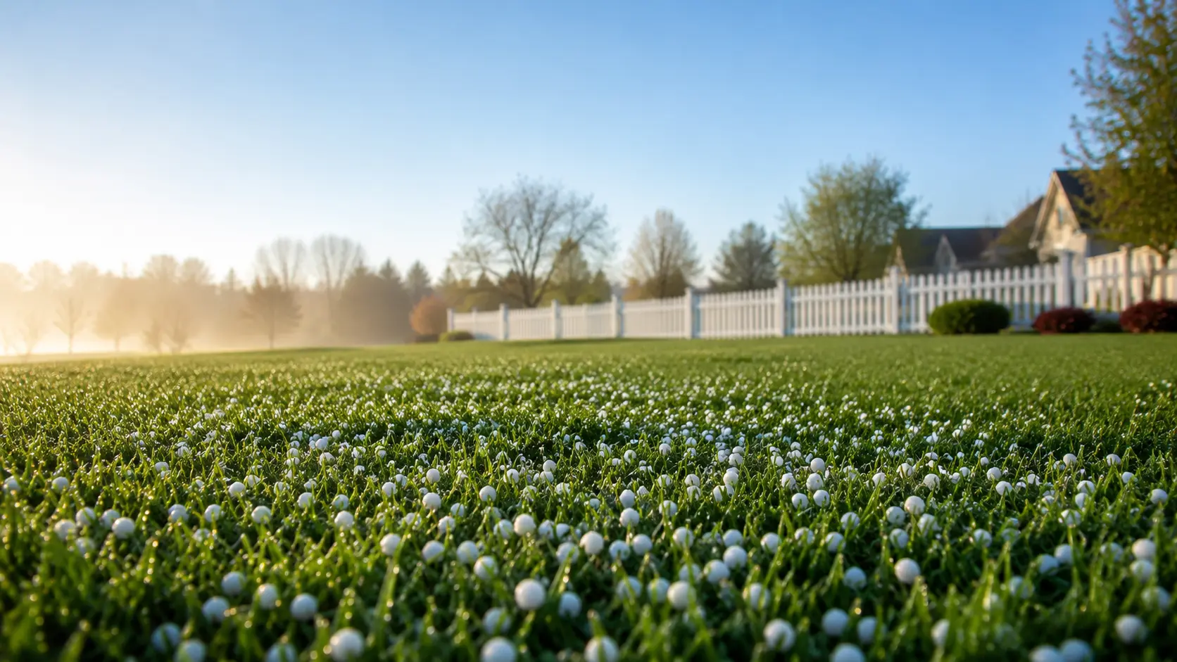 Pelletized garden lime scattered on green grass safely for dogs