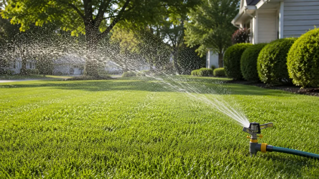 Lawn sprinkler watering in pelletized yard lime for dog safety