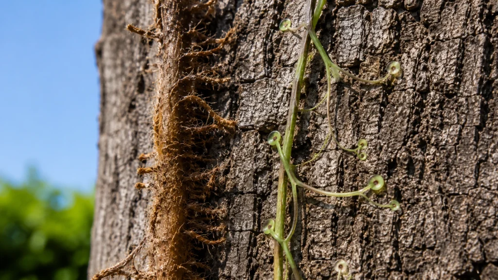 Close up of poison ivy hairy roots and virginia creeper tendrils
