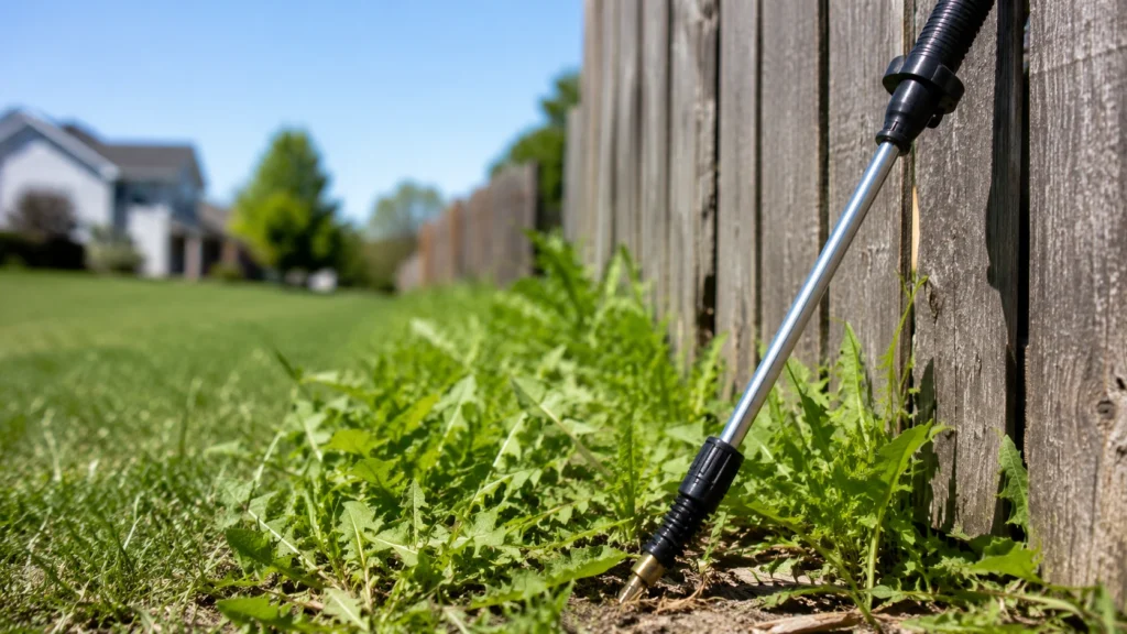 Pump sprayer wand near a fence line treating backyard weeds