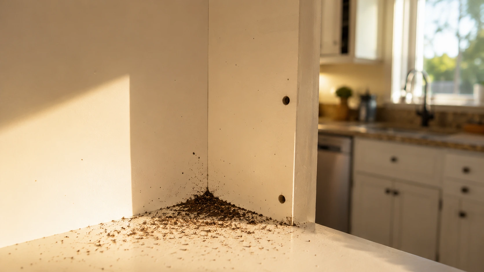 Close up of toxic cockroach poop resembling coffee grounds in cabinet.
