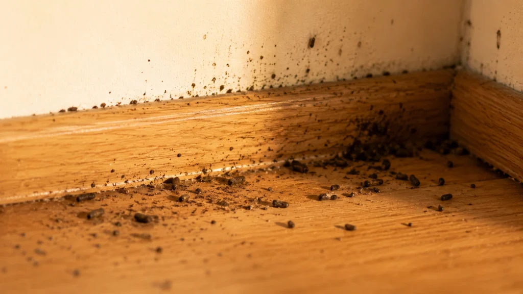 Toxic cockroach poop smears and pellets along a wooden baseboard.