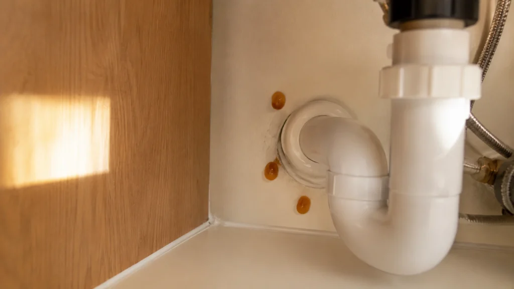 Applying professional pest control gel bait under a kitchen sink.