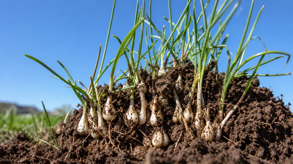 Small white bulbs of wild onions multiplying underground in lawn soil.