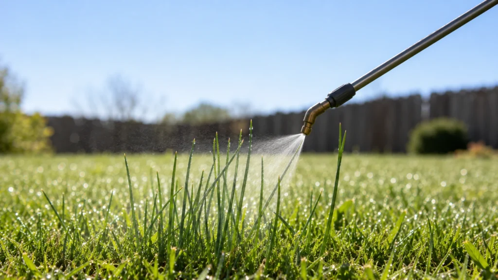 Applying selective post-emergent herbicide mist to wild onions in a yard.