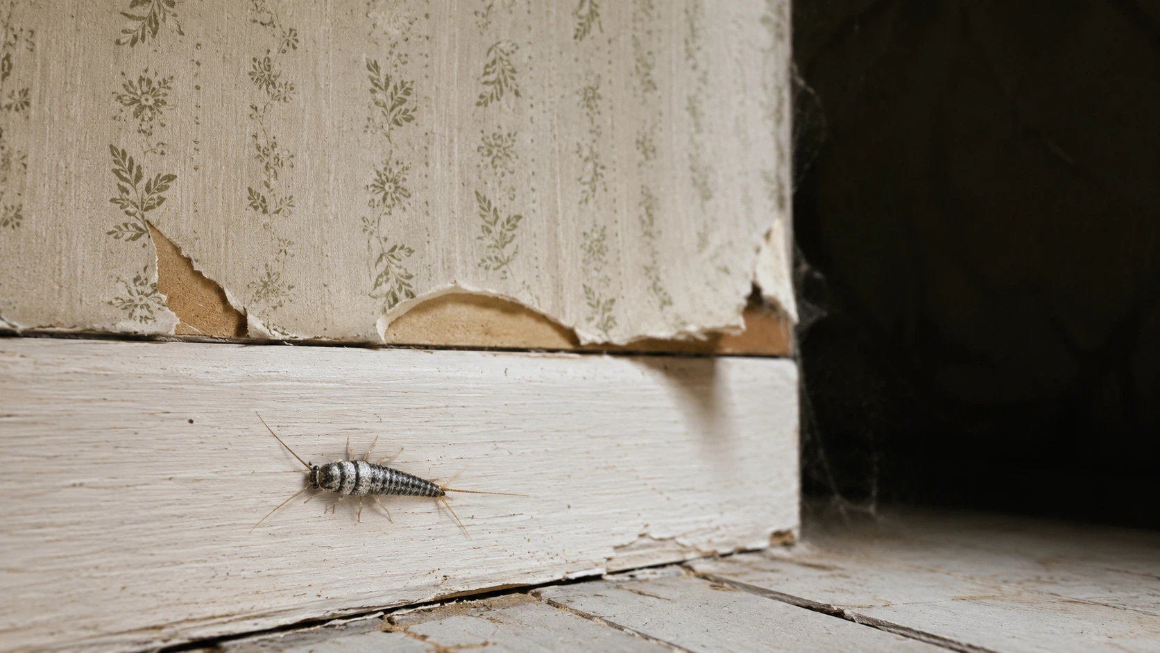 Silverfish bug crawling on a bathroom baseboard causing household damage.
