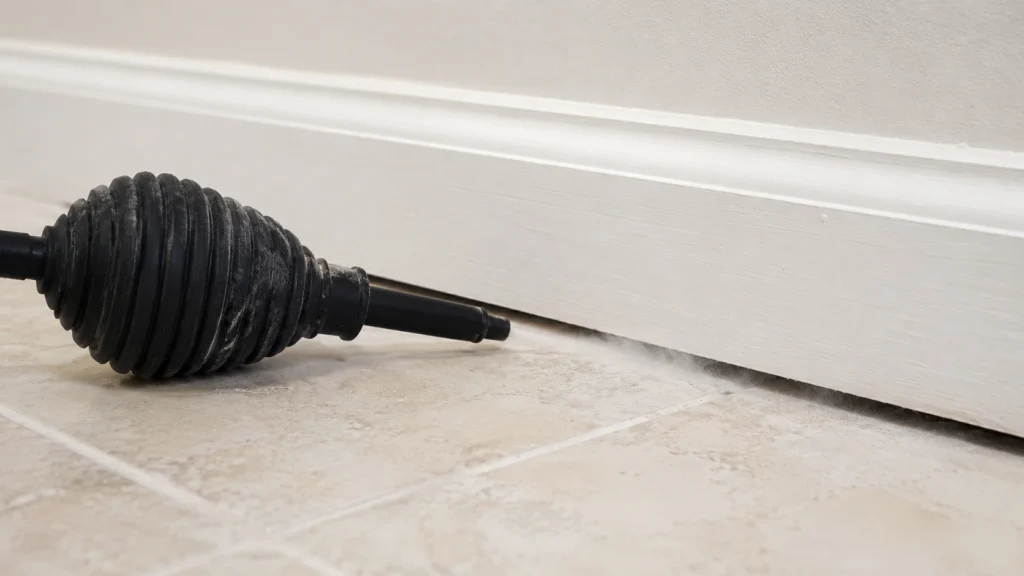 Applying insecticidal dust under a baseboard for silverfish control.