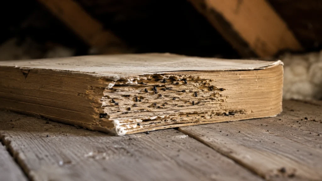 Silverfish insect damage on an old book in an attic.