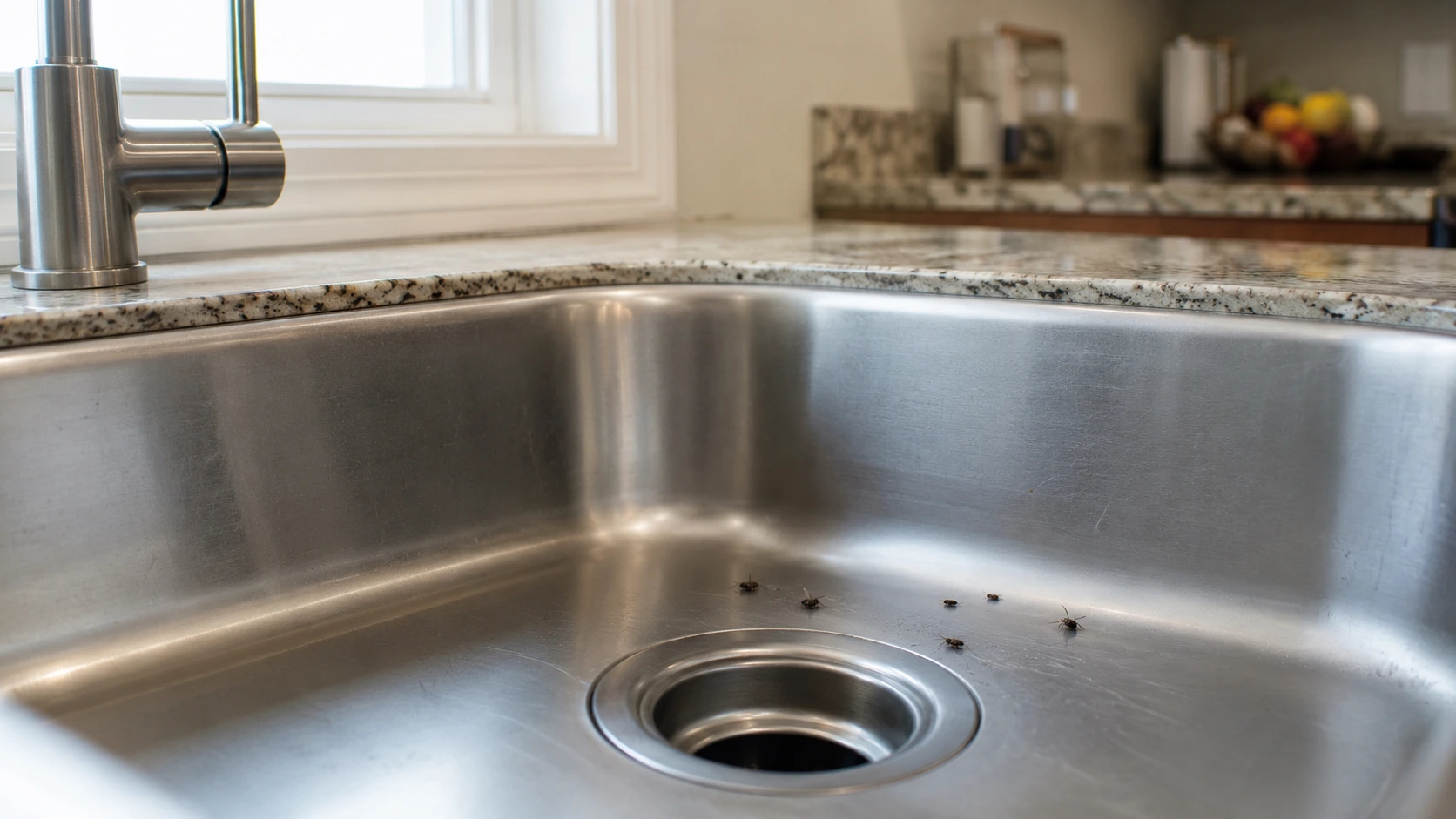 Drain gnats and fruit flies resting near a stainless kitchen sink drain.