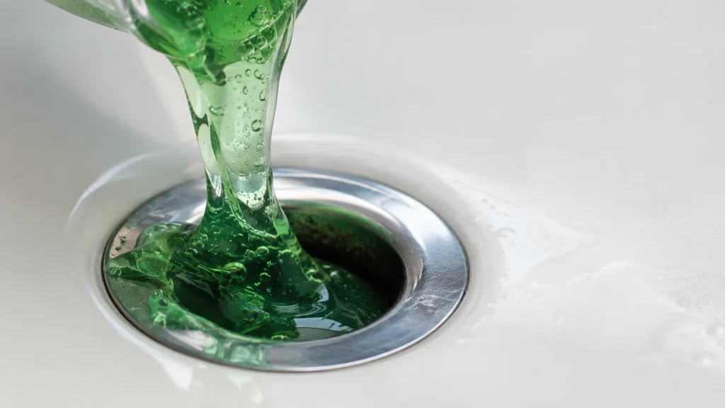 Thick enzyme gel cleaner poured down a bathroom sink drain.