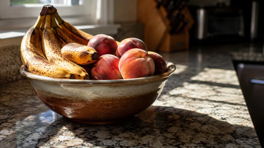 Overripe fruit in a bowl attracting fruit flies in kitchen.
