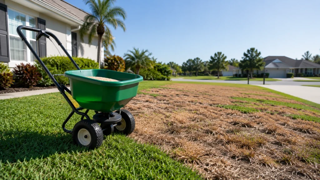 Applying granular chinch bug lawn treatment with a broadcast spreader.