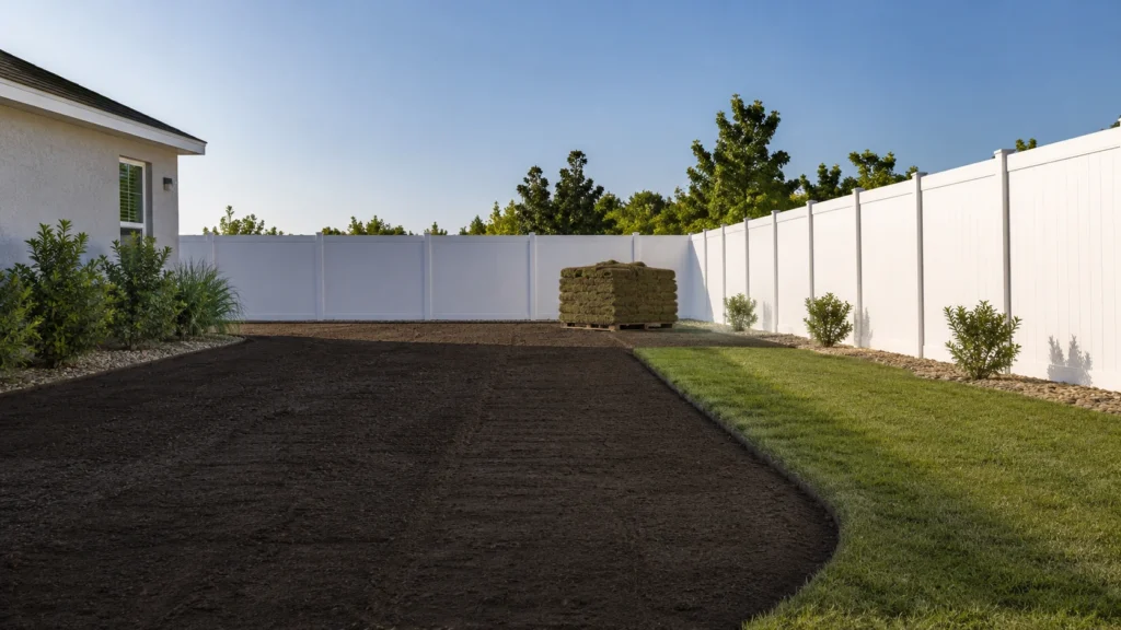 Prepared dirt yard and sod rolls ready for new lawn installation.
