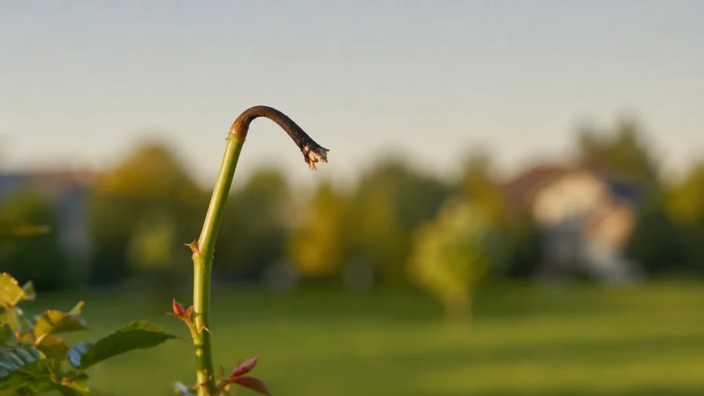 Blackened bent rose stem from midge damage
