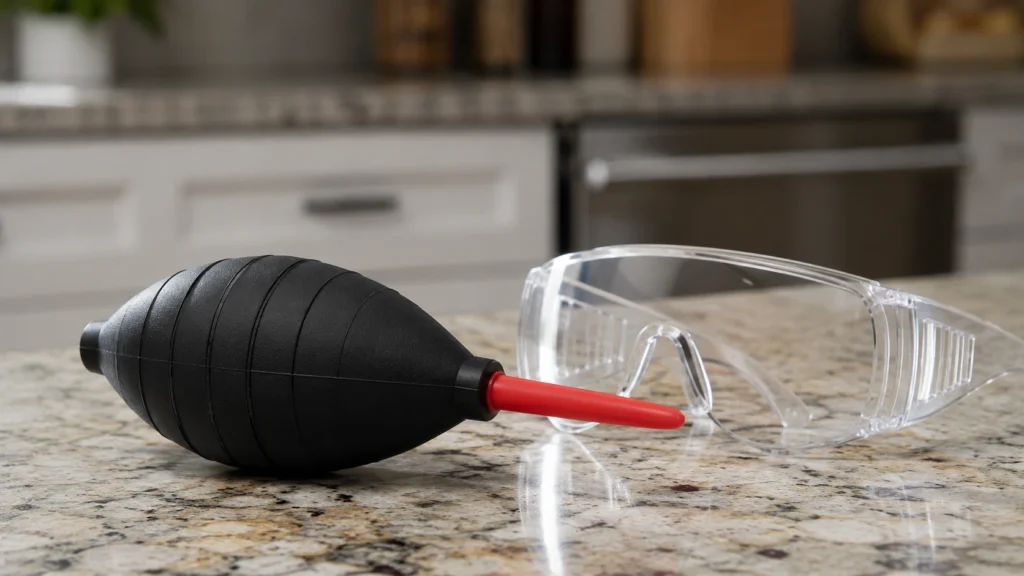Professional bulb duster and safety goggles for applying roach powder.
