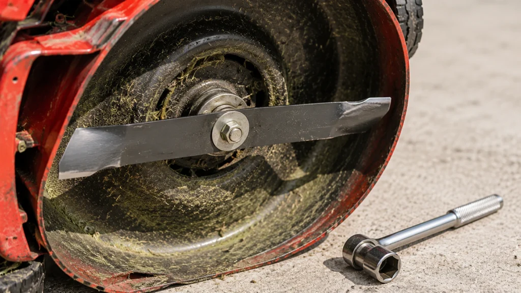 Lawn mower blade and mounting bolt under the deck.
