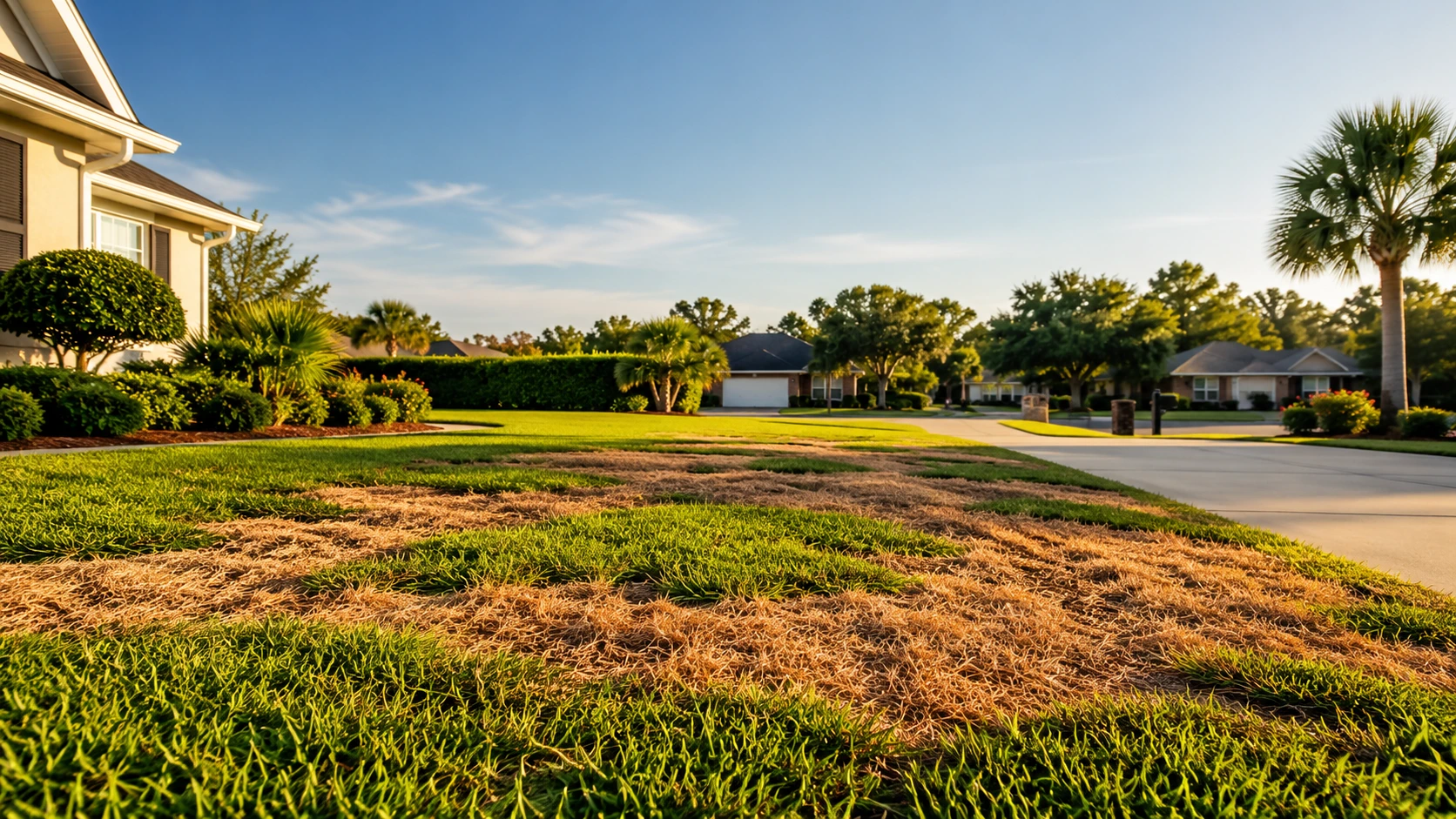 Severe chinch bug lawn treatment damage on a suburban residential yard.