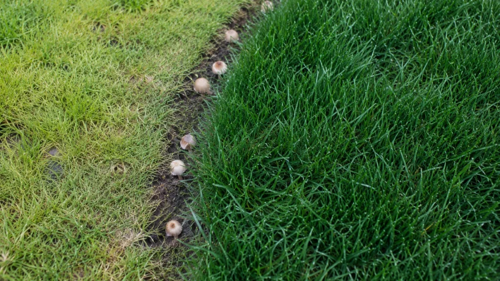 Close up of thick dark green fairy ring grass and mushrooms