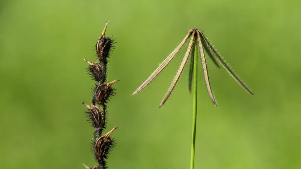 Close up of dallisgrass vs crabgrass seed heads in a lawn.