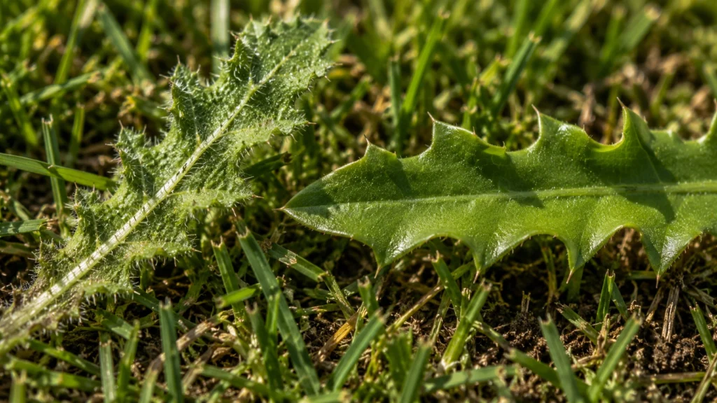 Hairy flatweed leaf next to smooth dandelion leaf on grass.