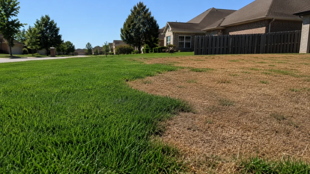 Brown irregular patches in green lawn contrasting healthy turf