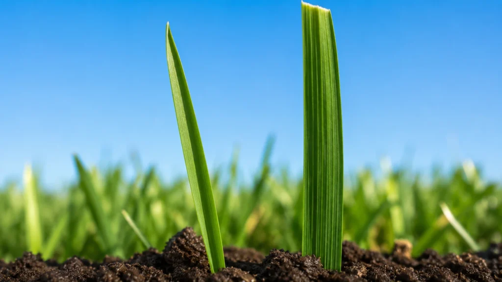 Macro view of Kentucky bluegrass boat shaped tip and ribbed fescue